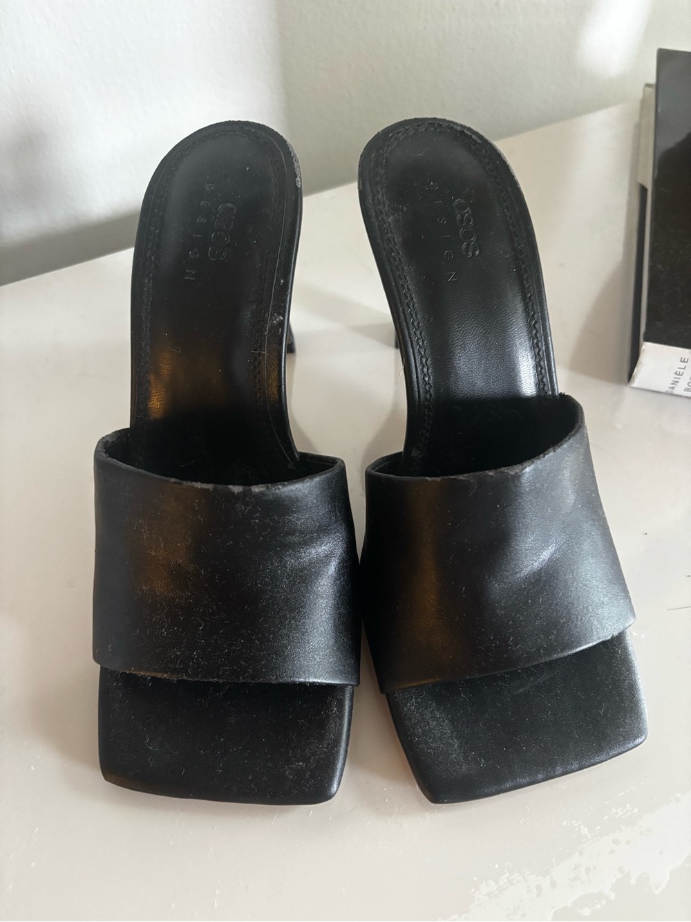 ASOS Black Leather Square-Toe Slide Heels